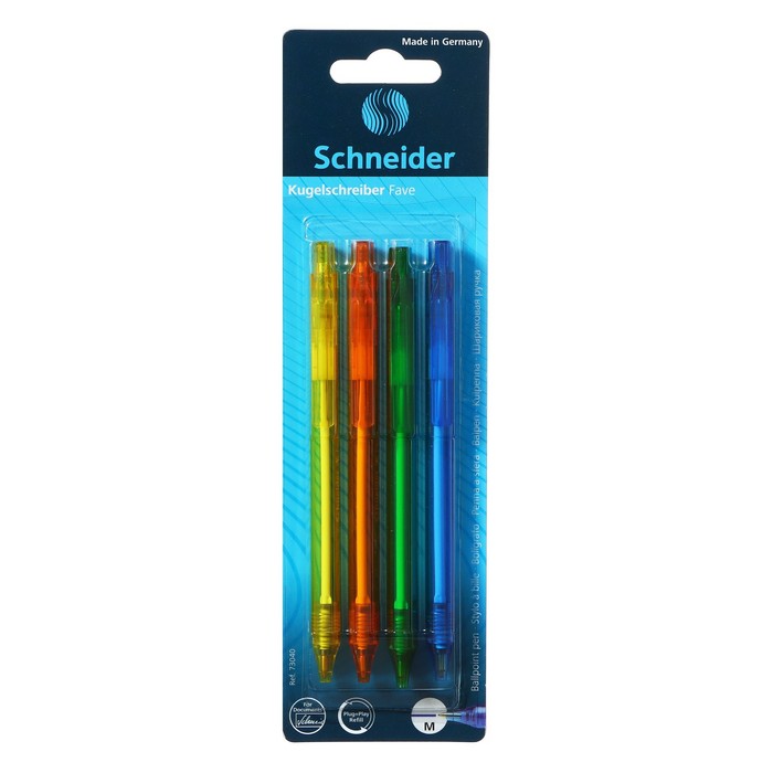 Schneider Fave Ballpoint Pens - Assorted Colours (Blister of 4), 73040